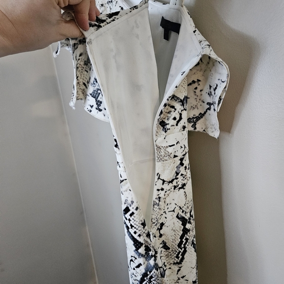 Rachel Roy Midi Dress Elegant Black White Snake Print Cocktail Neutral Ruffle - Picture 6 of 15
